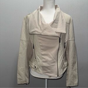 Blanc Noir Beige Moto Long Sleeve Full‎ Front Zip Faux Leather Jacket Size L